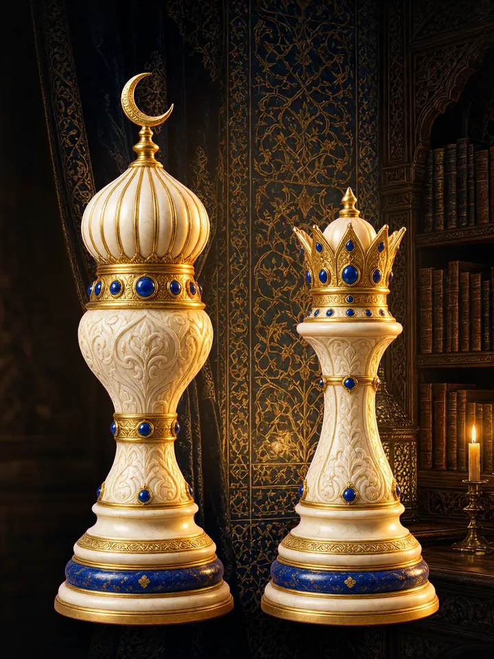 The ivory King and Queen of North Sultan: Satranç: a crescent-topped King and a crowned Queen set with lapis, in a candle-lit palace library
